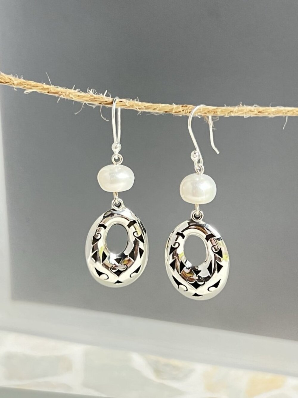 925 Sterling Silver Pearl Oval Dangle Earrings Lightweight 2”